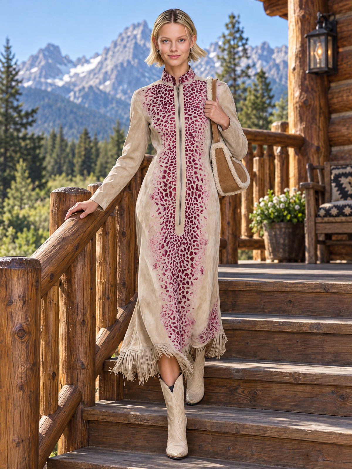 Western Boho Women's Tan Suede Leopard Print Zip Front Fringe Midi Dress