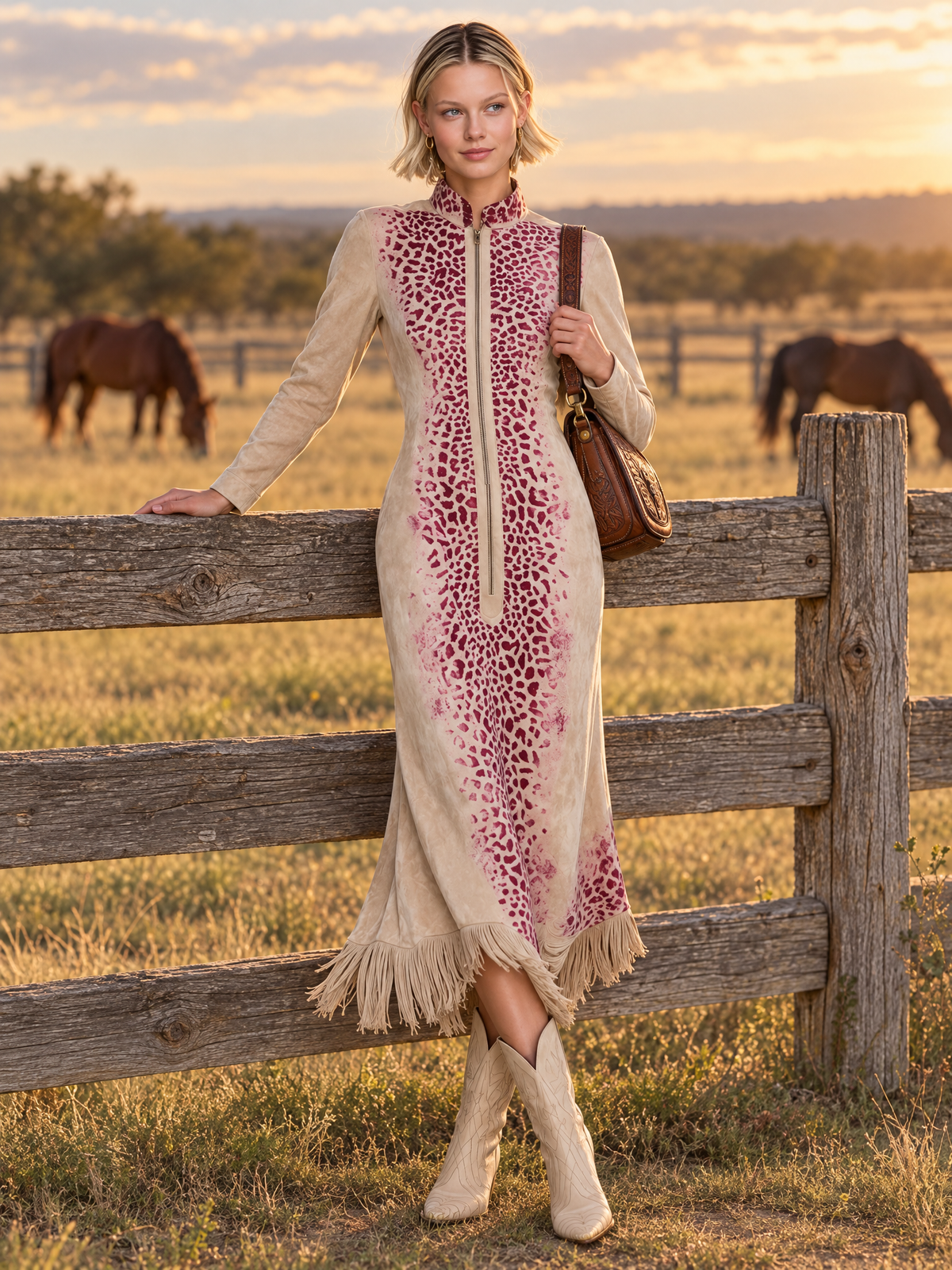 Western Boho Women's Tan Suede Leopard Print Zip Front Fringe Midi Dress