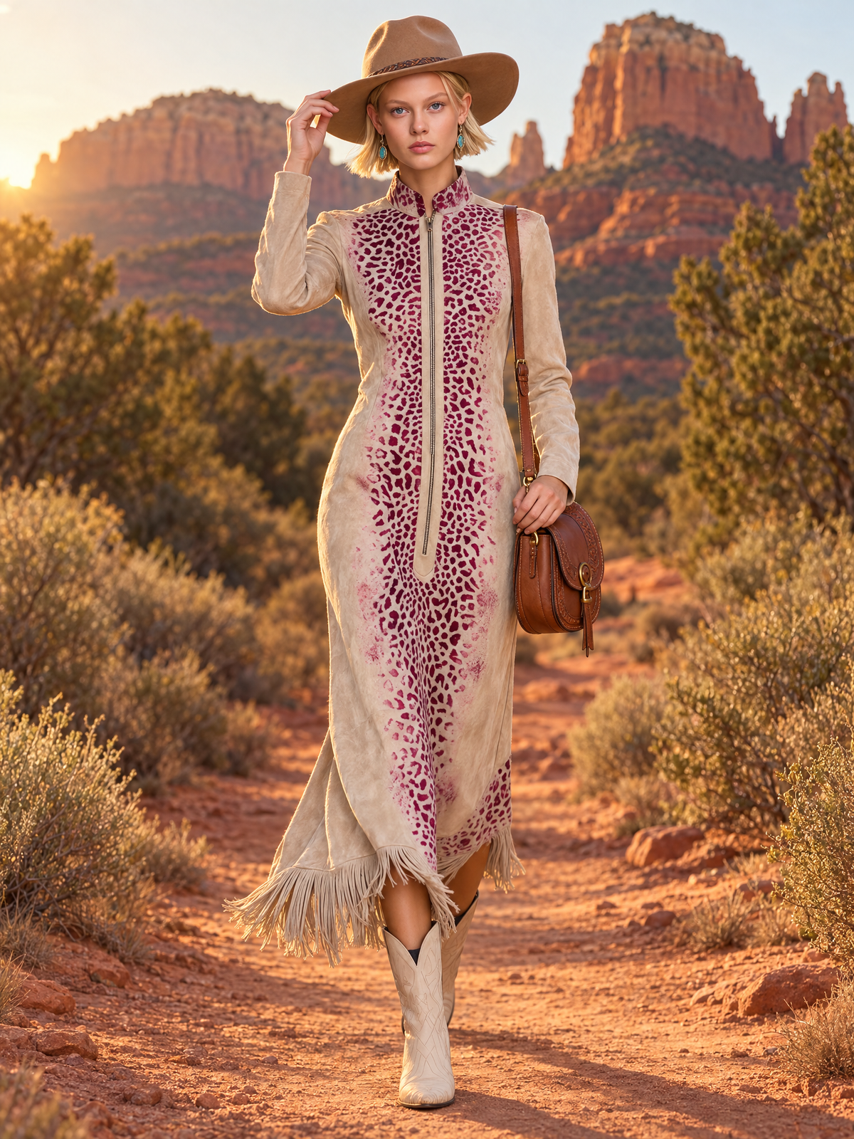 Western Boho Women's Tan Suede Leopard Print Zip Front Fringe Midi Dress