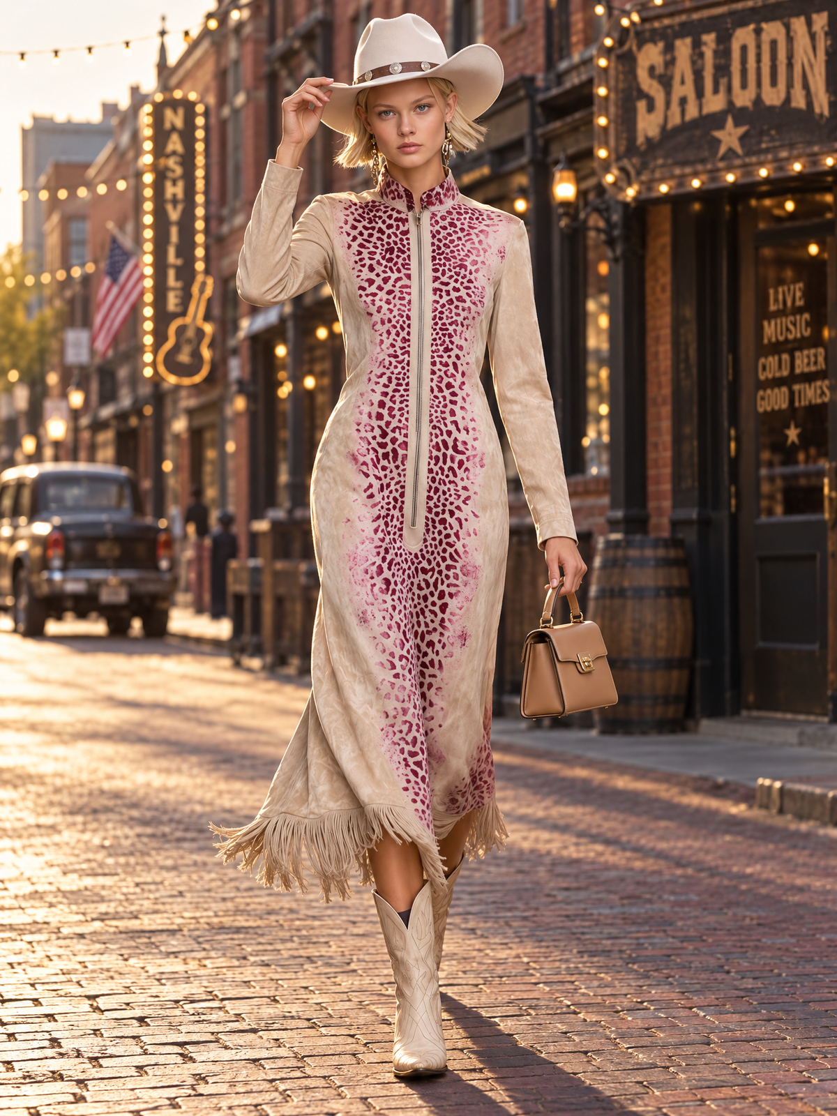 Western Boho Women's Tan Suede Leopard Print Zip Front Fringe Midi Dress