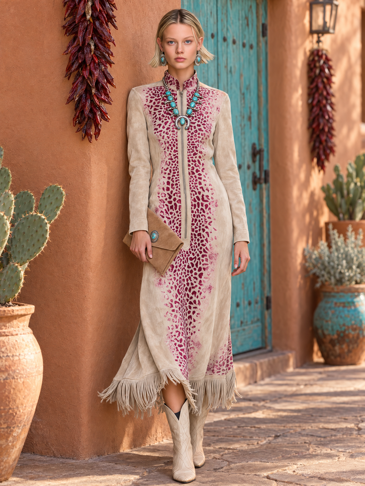 Western Boho Women's Tan Suede Leopard Print Zip Front Fringe Midi Dress