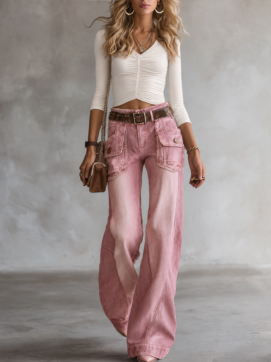 Pink Acid Wash Wide Leg Cargo Jeans