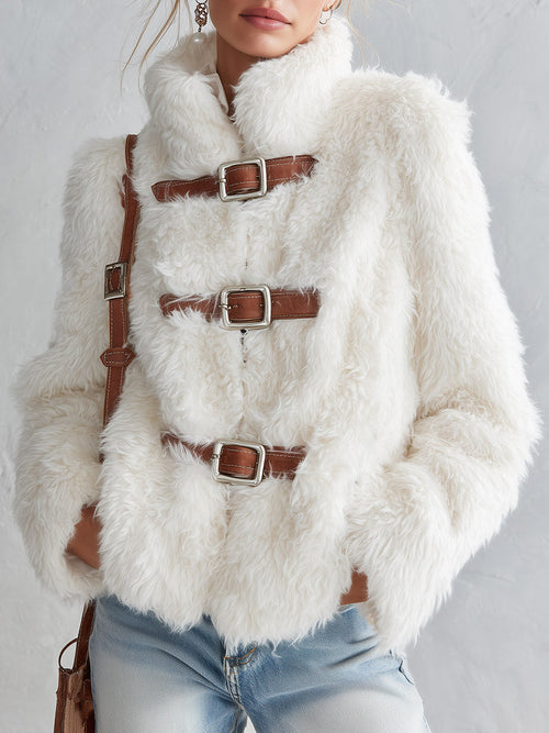 Luxurious White Stand-collar Faux-fur Short Coat