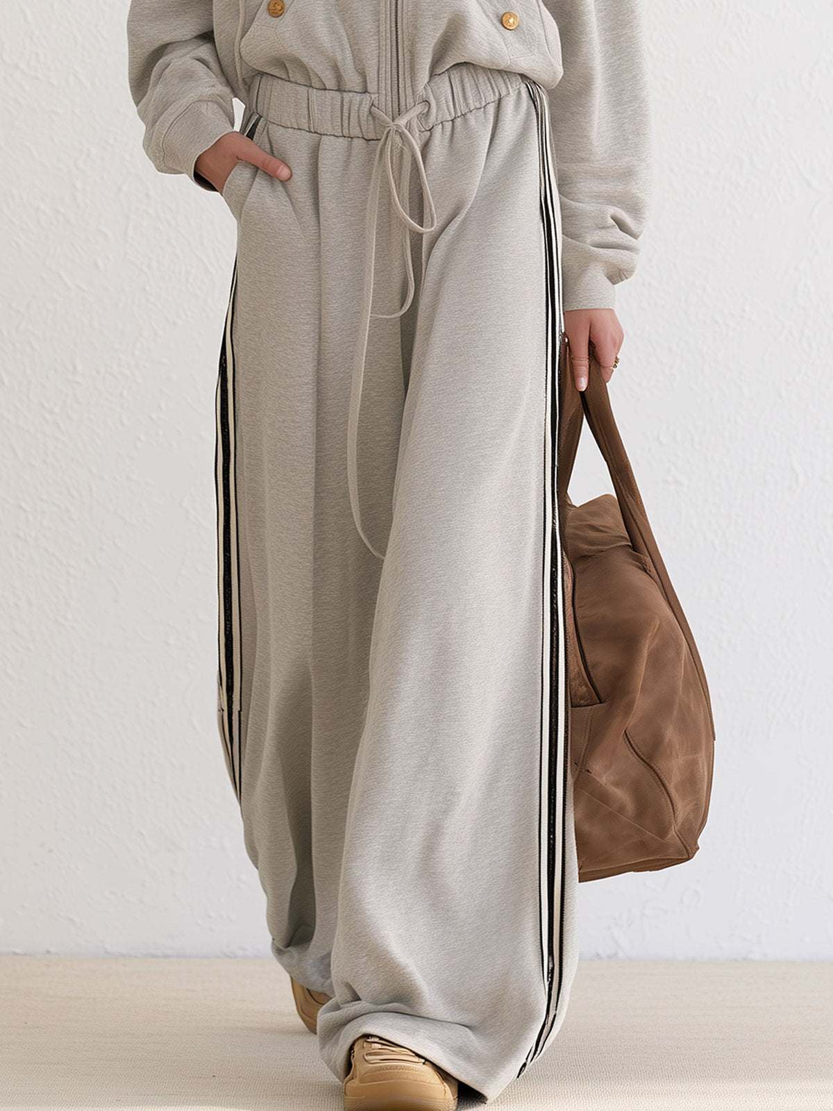 Retro Loose-fitting Sporty Embroidered Striped Hooded Cotton Jumpsuit
