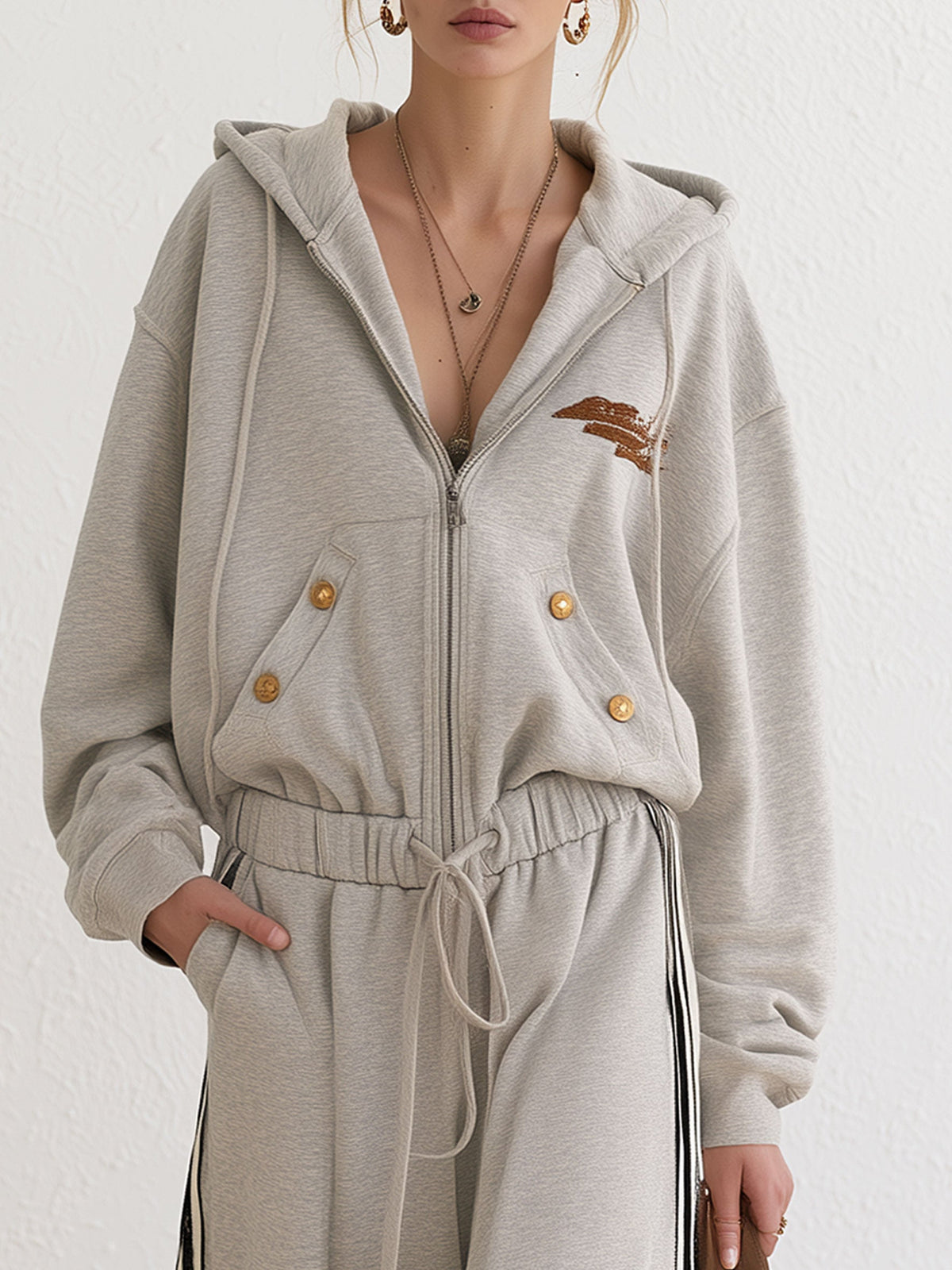Retro Loose-fitting Sporty Embroidered Striped Hooded Cotton Jumpsuit