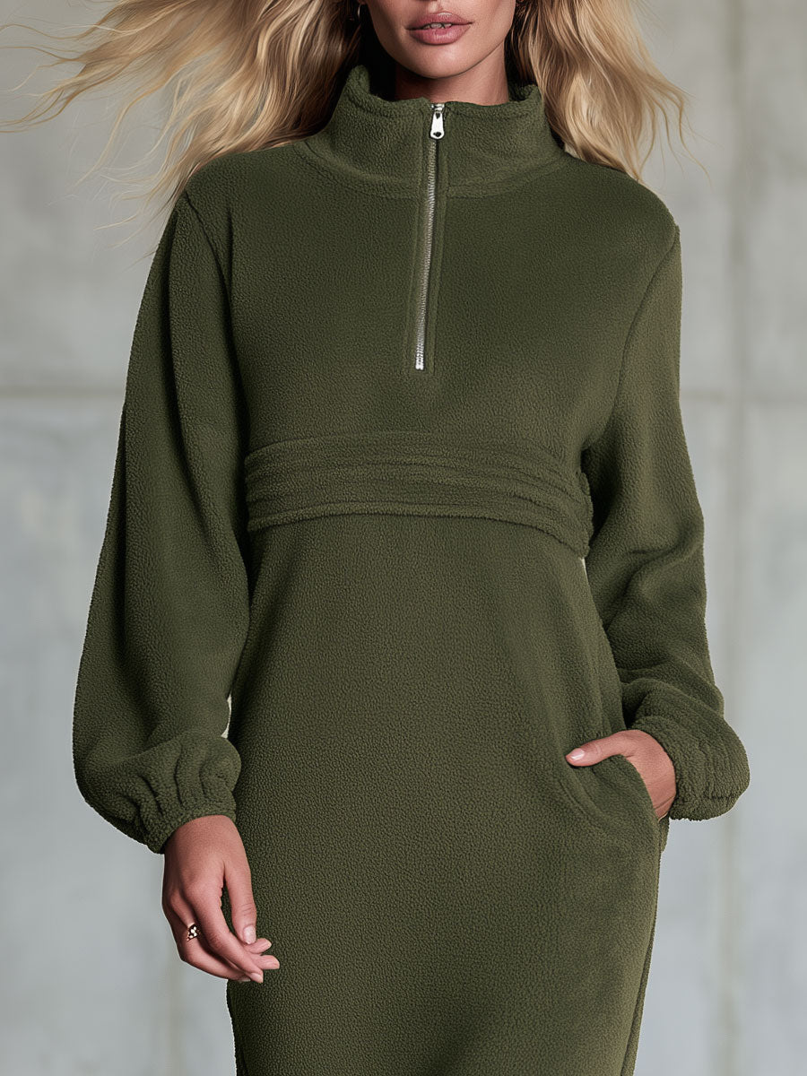 Retro Casual Olive Green Half-Zip Stand-Collar Fleece Slit Maxi Dress