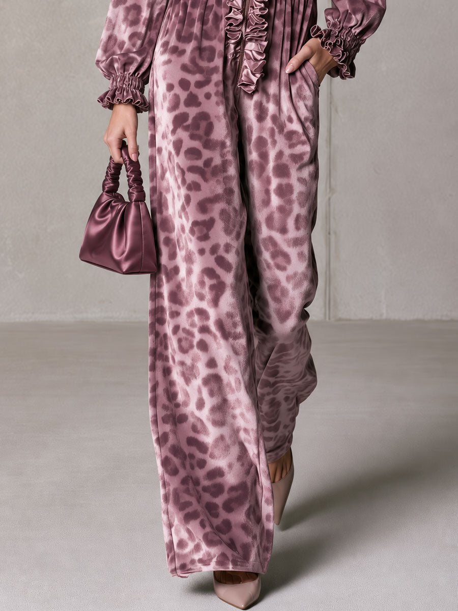 Retro Elegant Mauve Leopard-Print Velvet Ruffle-Trim V-Neck Wide-Leg Jumpsuit