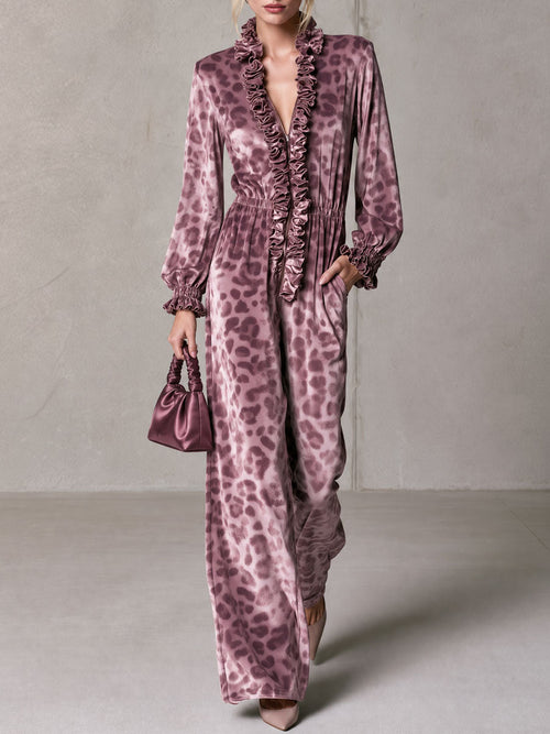 Retro Elegant Mauve Leopard-Print Velvet Ruffle-Trim V-Neck Wide-Leg Jumpsuit