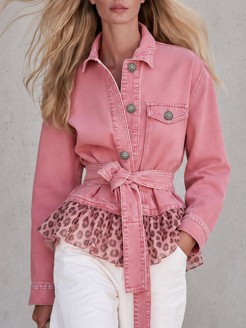 Retro Chic Leopard Print Ruffled Hem Pink Washed Denim Belted Jacket