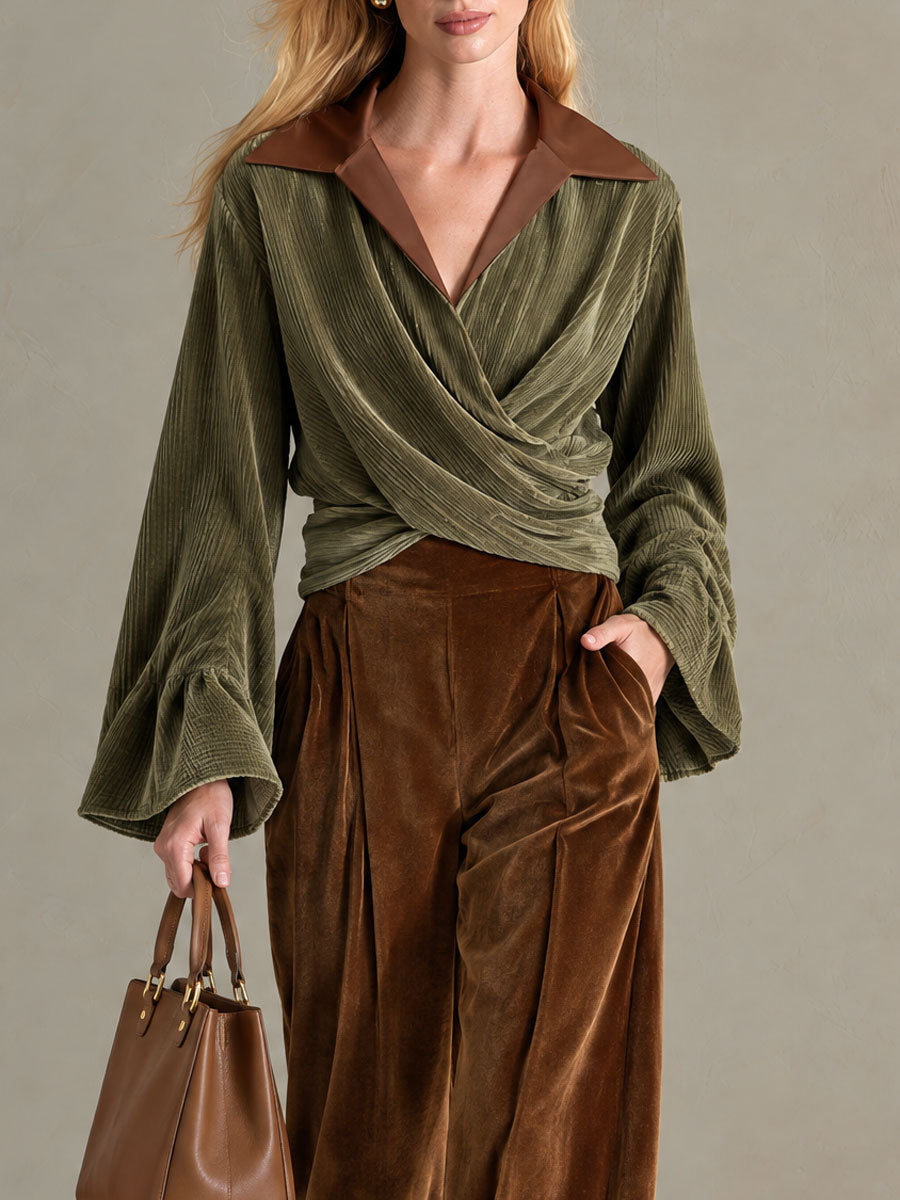 Retro Elegant Olive Green Crossover Wrap Velvet Top And Brown Wide-Leg Pants Set