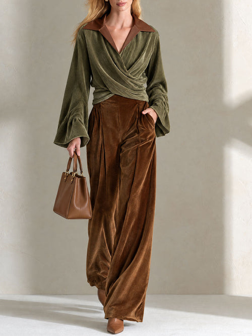 Retro Elegant Olive Green Crossover Wrap Velvet Top And Brown Wide-Leg Pants Set