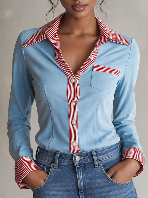 Retro-elegant Light Blue Striped V-neck Pearl Button Faux Suede Shirt