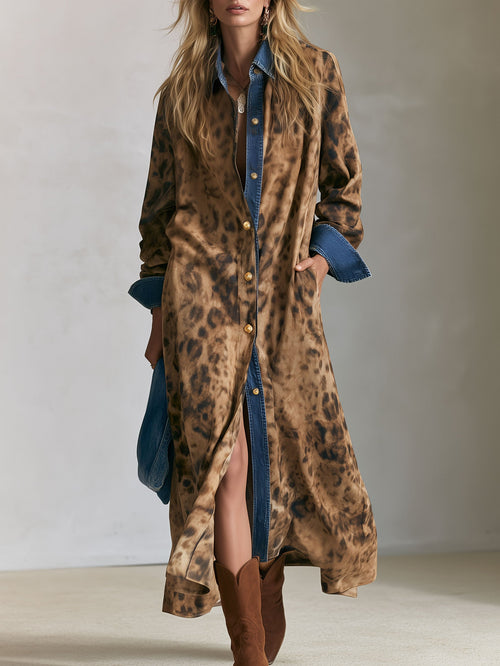 Casual Retro Faux Suede Leopard Print Denim Patchwork Maxi Dress