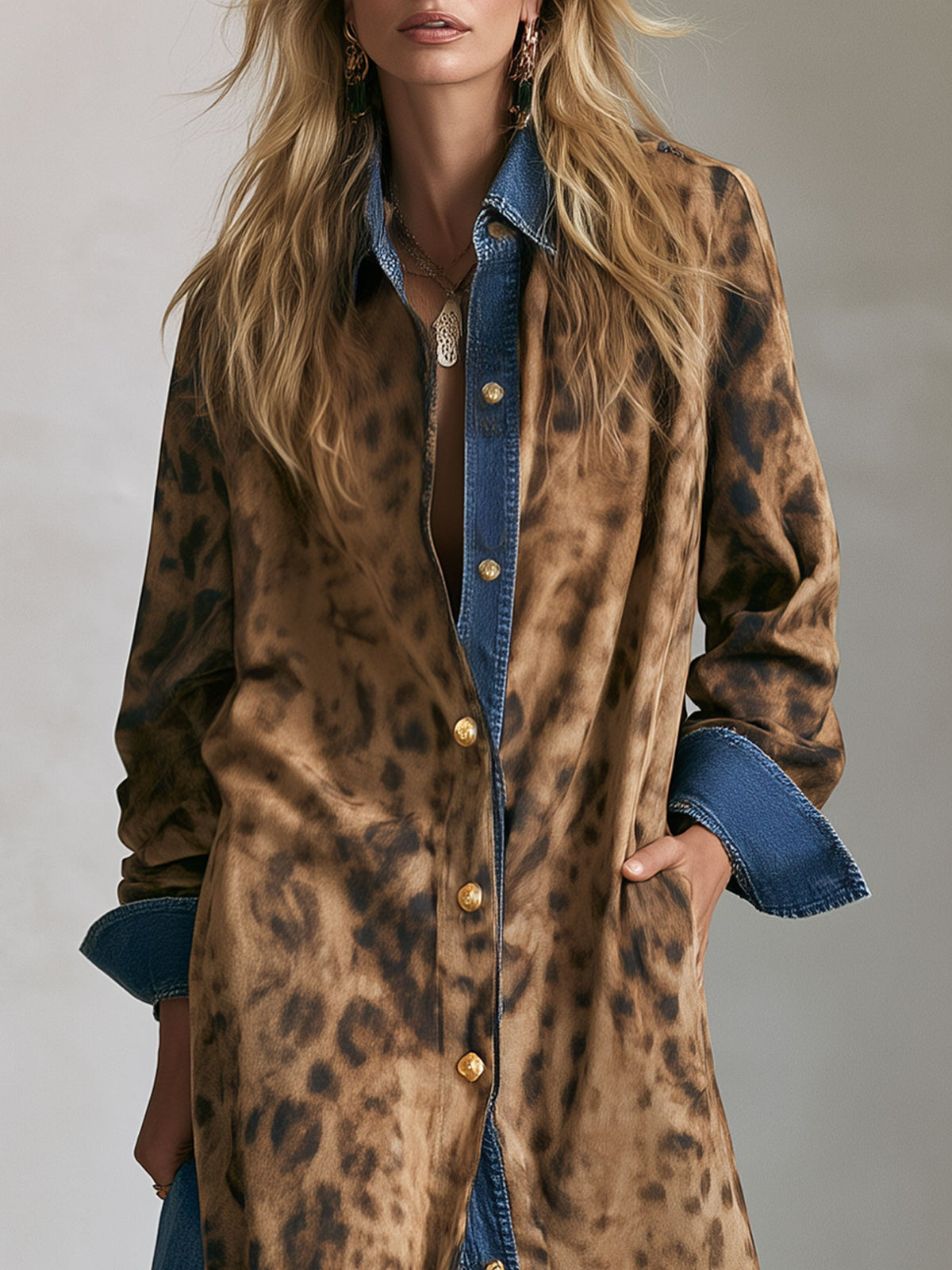 Casual Retro Faux Suede Leopard Print Denim Patchwork Maxi Dress