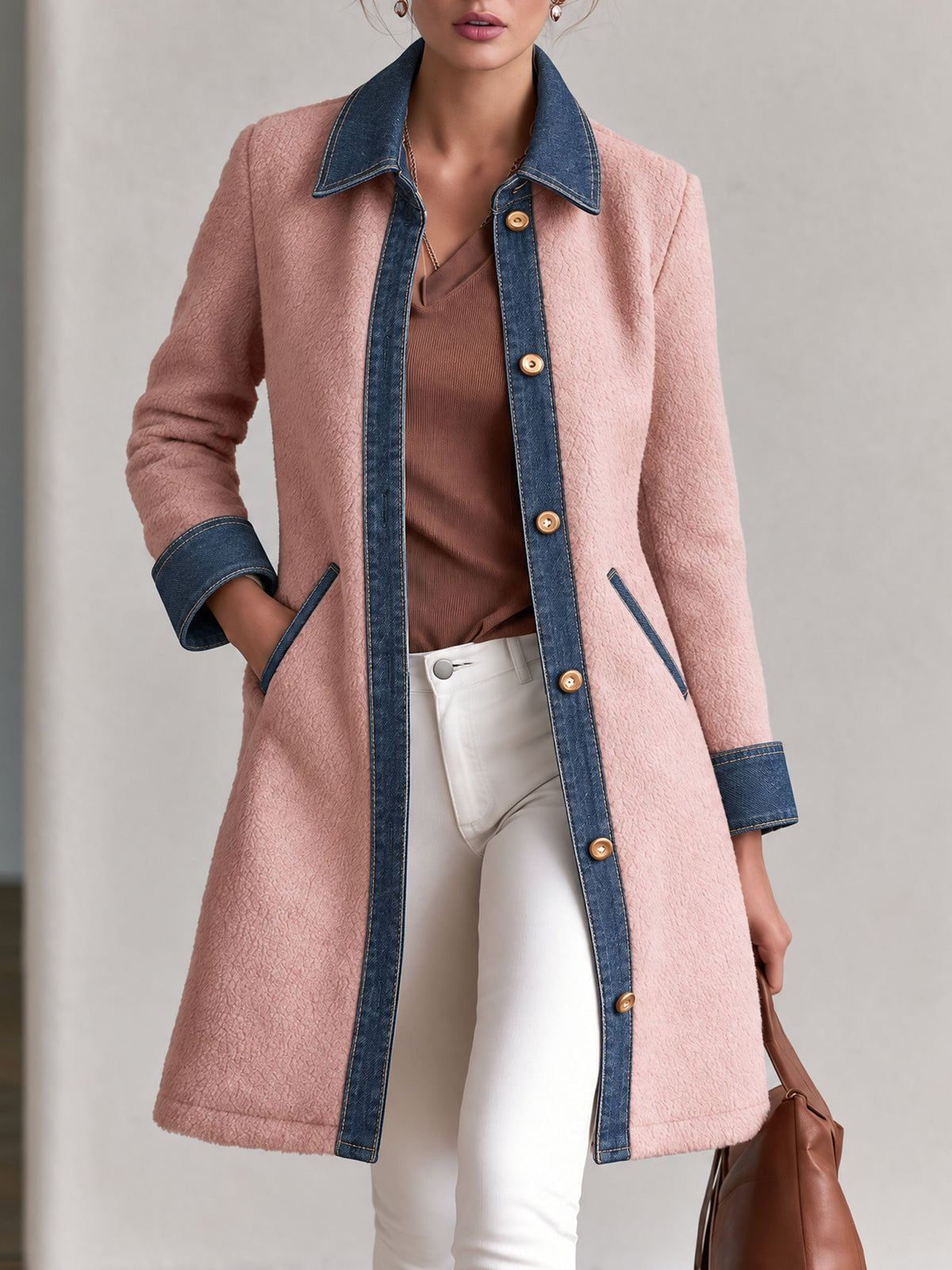 Casual Retro Pink Fleece Denim Patchwork Mid-length Coat