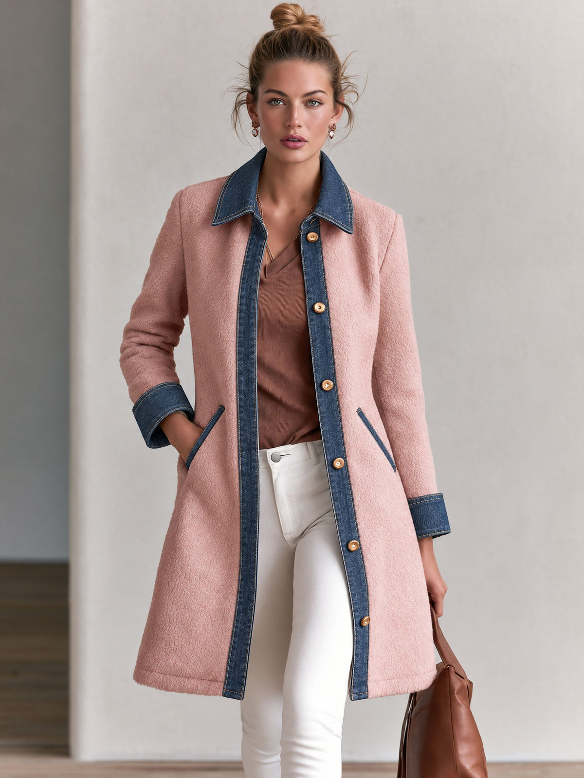 Casual Retro Pink Fleece Denim Patchwork Mid-length Coat
