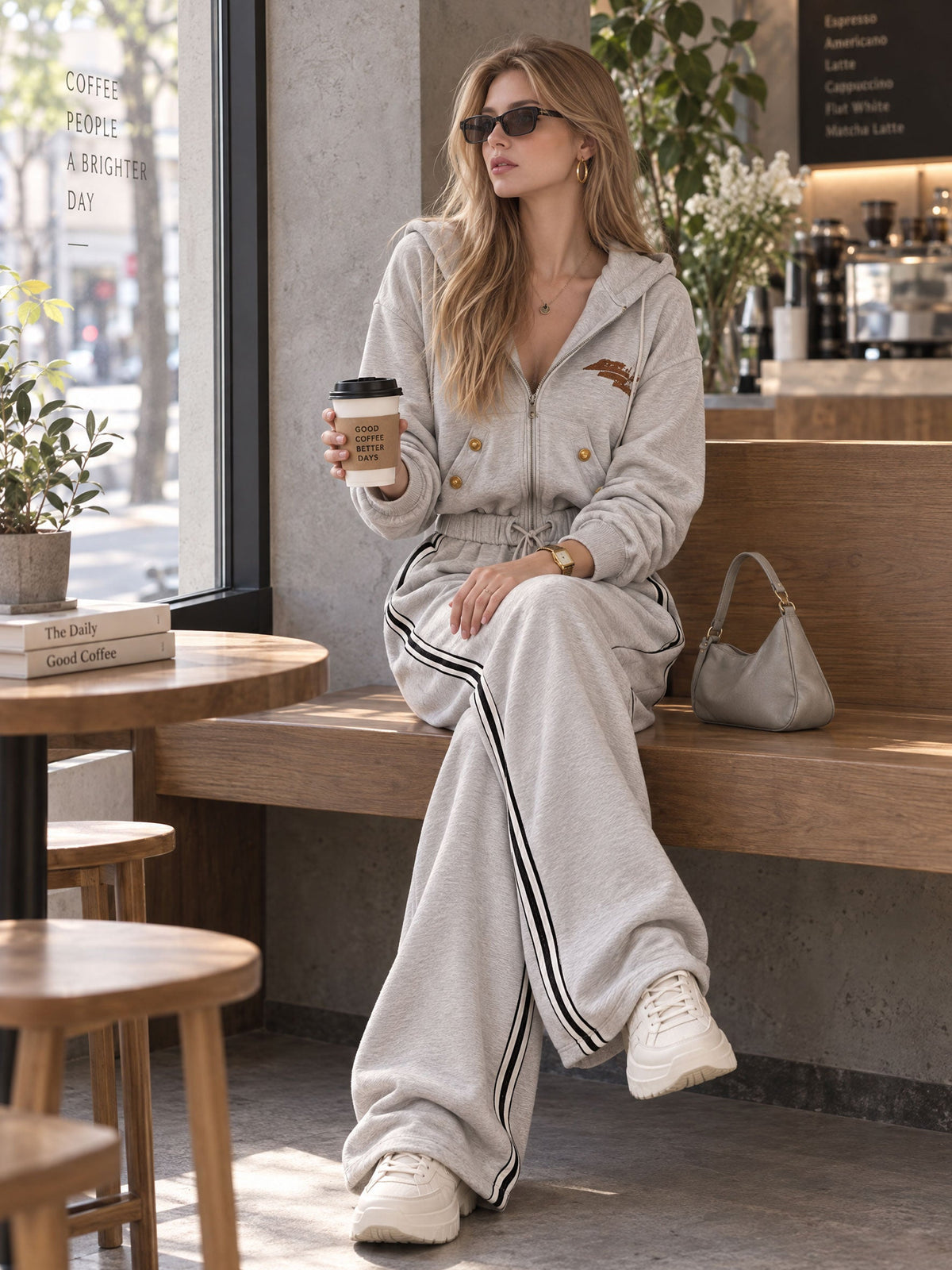 Retro Loose-fitting Sporty Embroidered Striped Hooded Cotton Jumpsuit