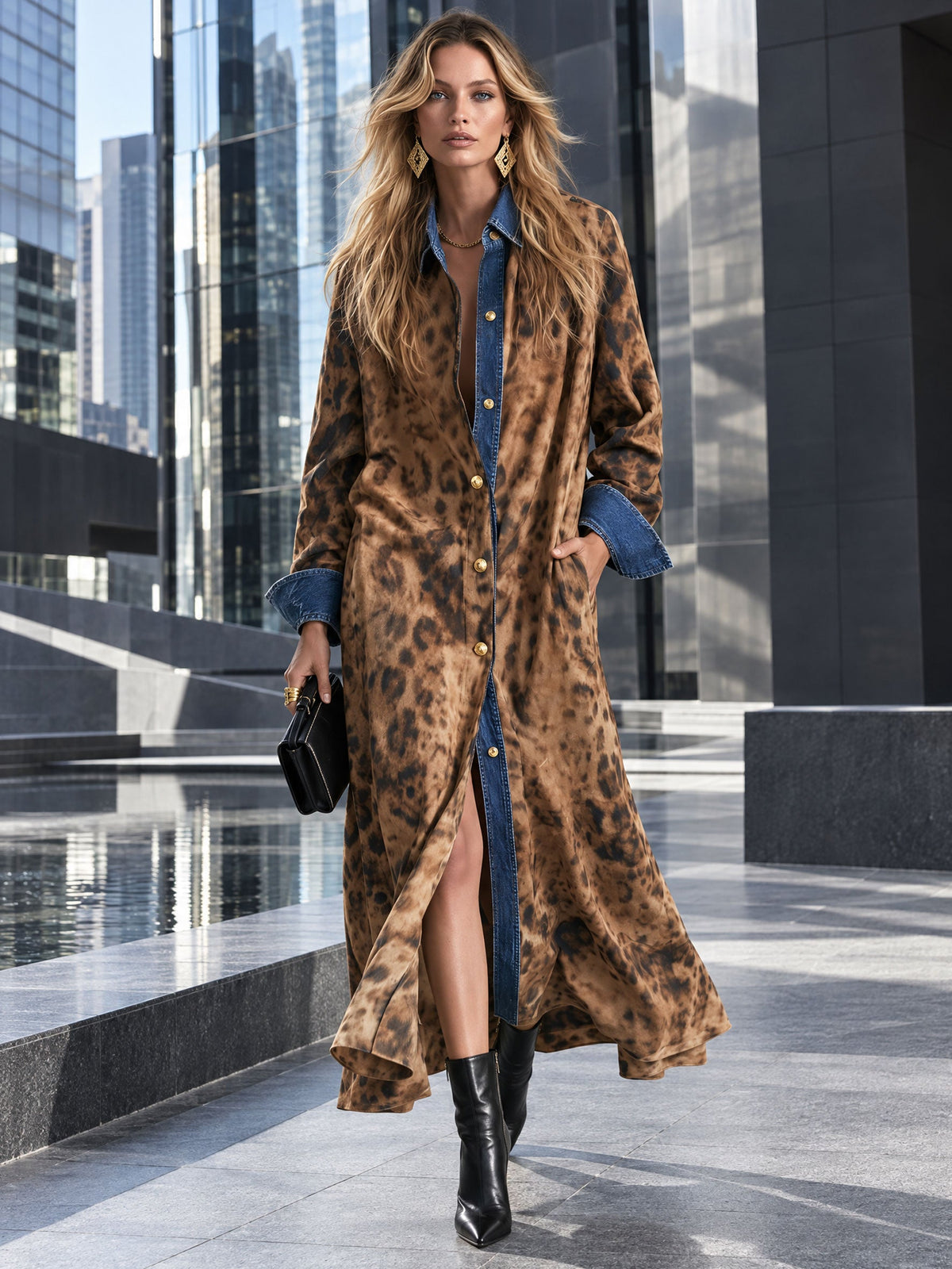 Casual Retro Faux Suede Leopard Print Denim Patchwork Maxi Dress