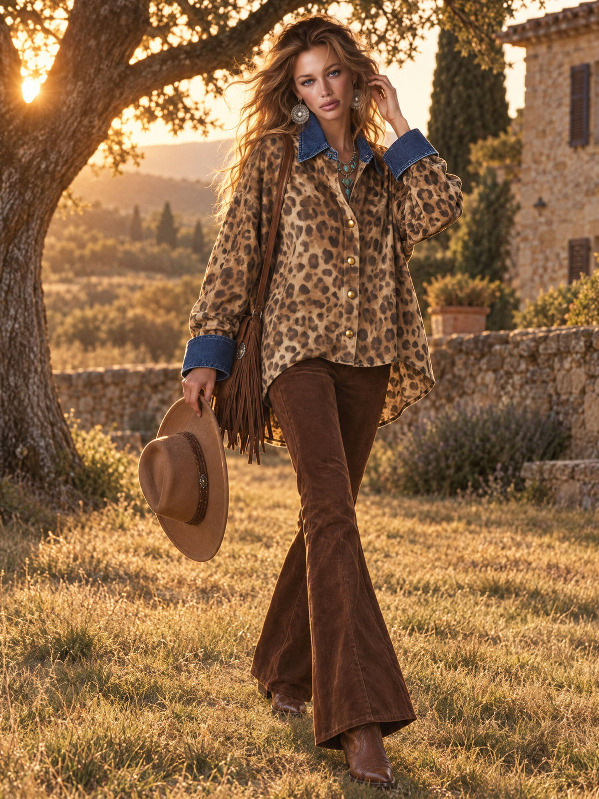Casual Retro Faux Suede Leopard Print Denim Patchwork Long-sleeved Shirt