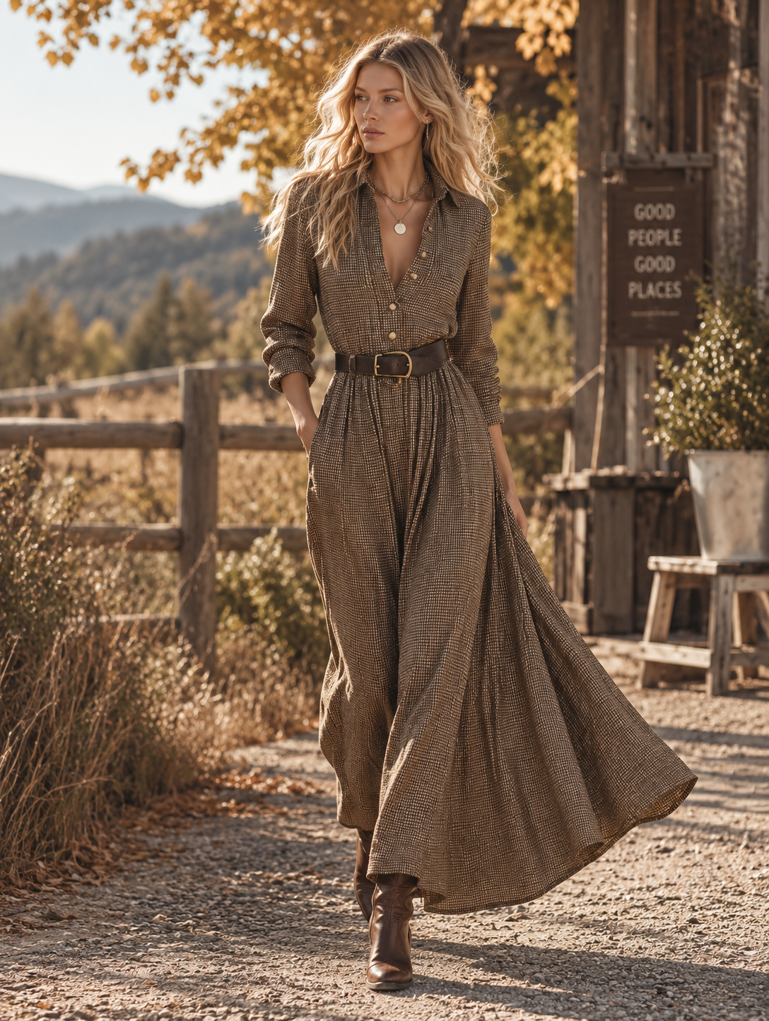 Women's Brown Yarn-Dyed Plaid Long-Sleeve Collared Maxi Dress