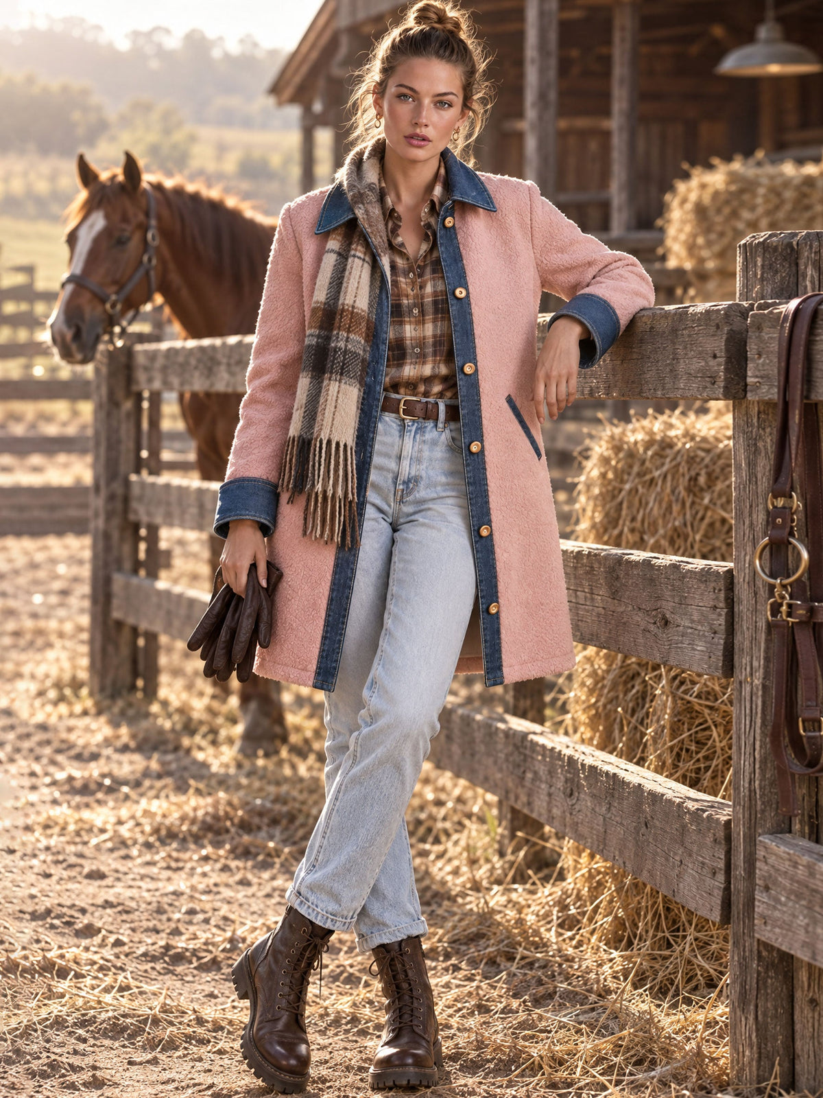 Casual Retro Pink Fleece Denim Patchwork Mid-length Coat