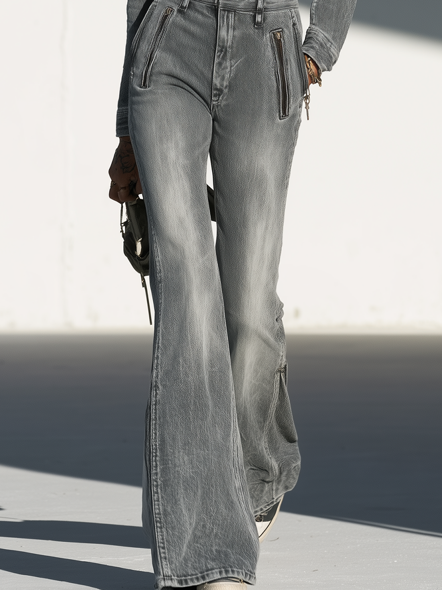 Grey Denim Jumpsuit Button Front Belted Wide Leg Coverall