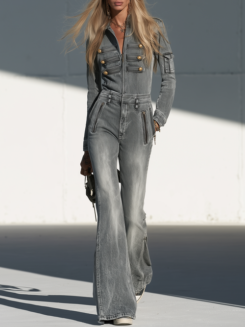 Grey Denim Jumpsuit Button Front Belted Wide Leg Coverall