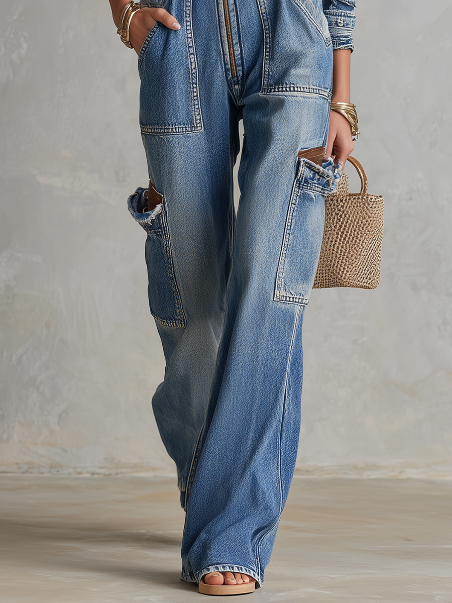Blue Denim Jumpsuit Zip Front Drawstring Waist Wide Leg Coverall