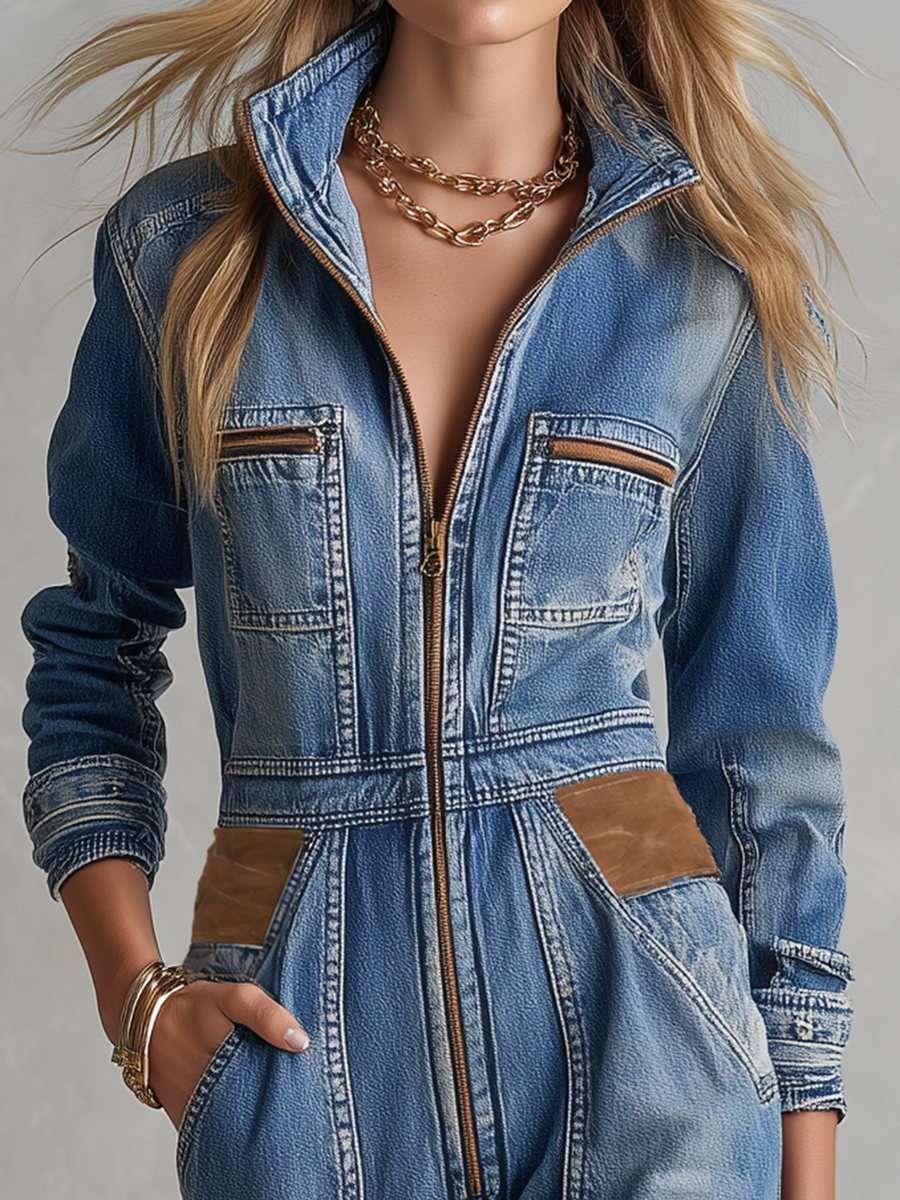 Blue Denim Jumpsuit Zip Front Drawstring Waist Wide Leg Coverall
