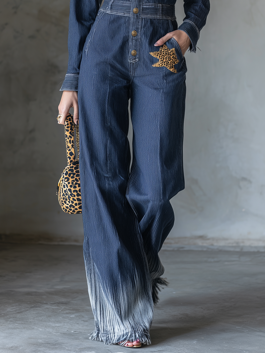 Dark Blue Denim Jumpsuit Button Front Wide Leg Utility Coverall