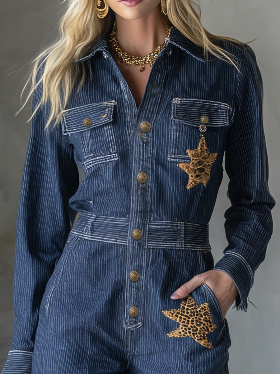 Dark Blue Denim Jumpsuit Button Front Wide Leg Utility Coverall