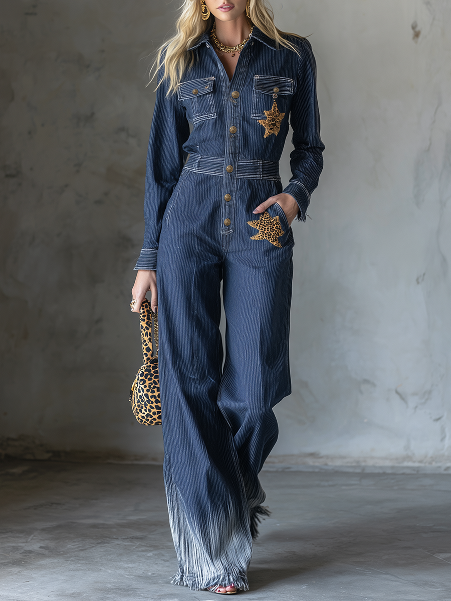 Dark Blue Denim Jumpsuit Button Front Wide Leg Utility Coverall