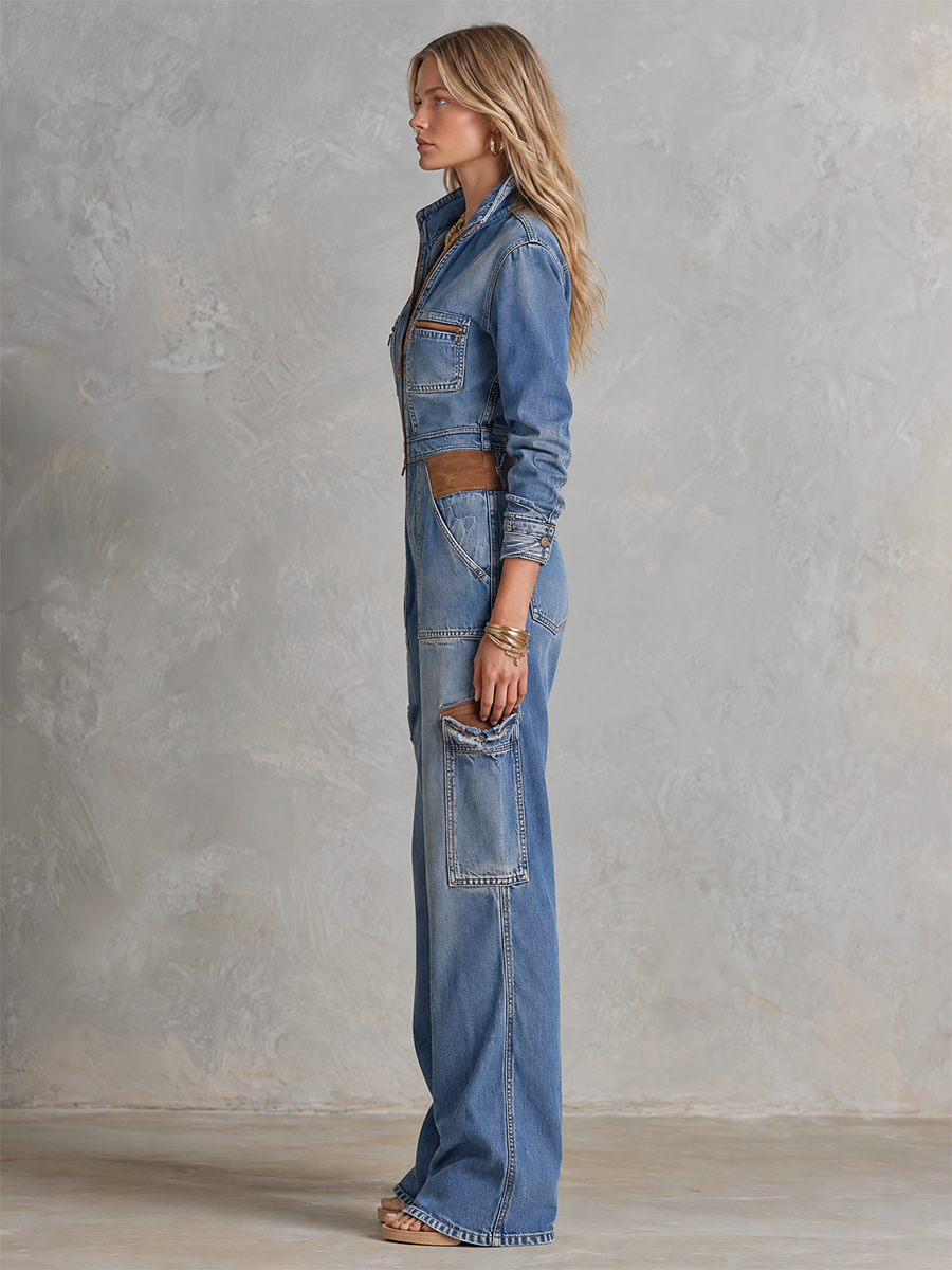 Blue Denim Jumpsuit Zip Front Drawstring Waist Wide Leg Coverall