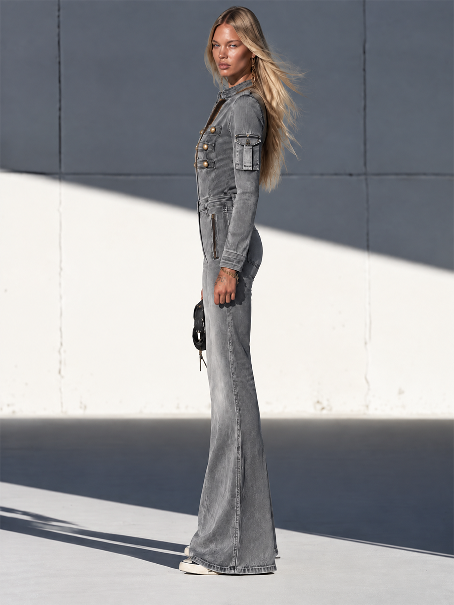 Grey Denim Jumpsuit Button Front Belted Wide Leg Coverall
