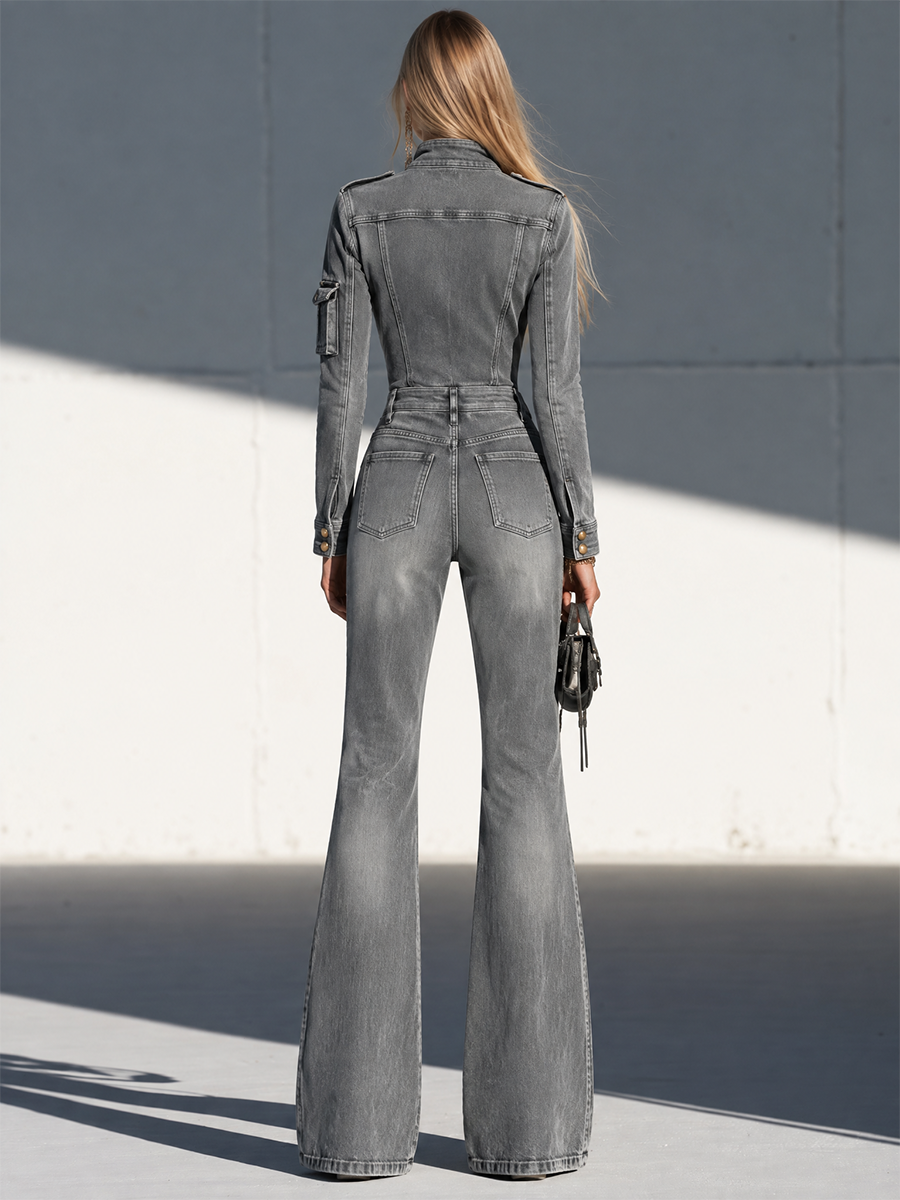 Grey Denim Jumpsuit Button Front Belted Wide Leg Coverall