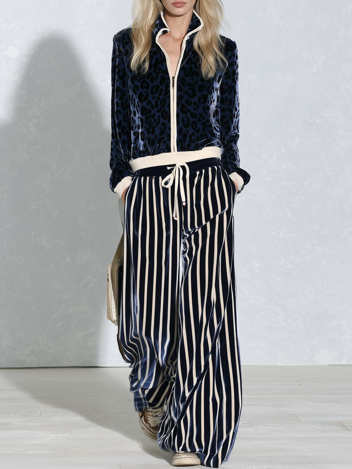 Retro Sporty Women's Navy Leopard Velvet Zip Jacket Striped Wide Leg Pants Set