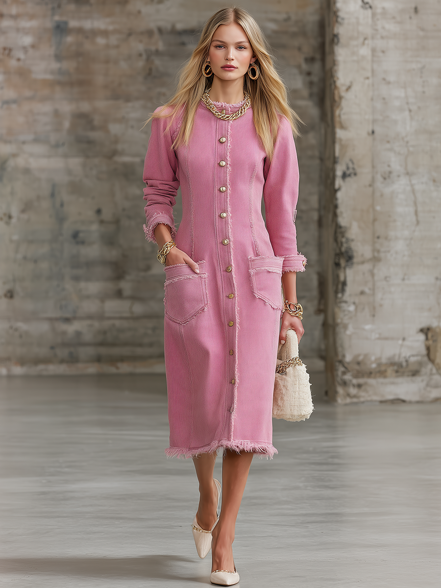 Pink Denim Shirt Dress Button Front Frayed Pocket Midi Dress