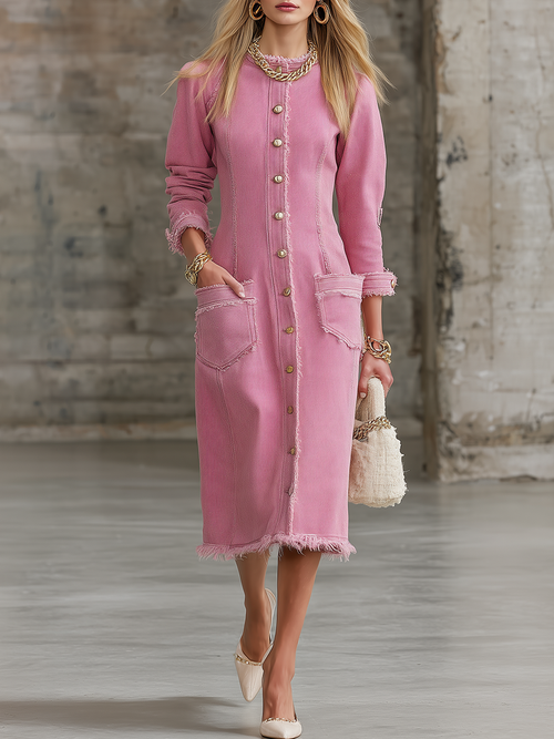 Pink Denim Shirt Dress Button Front Frayed Pocket Midi Dress