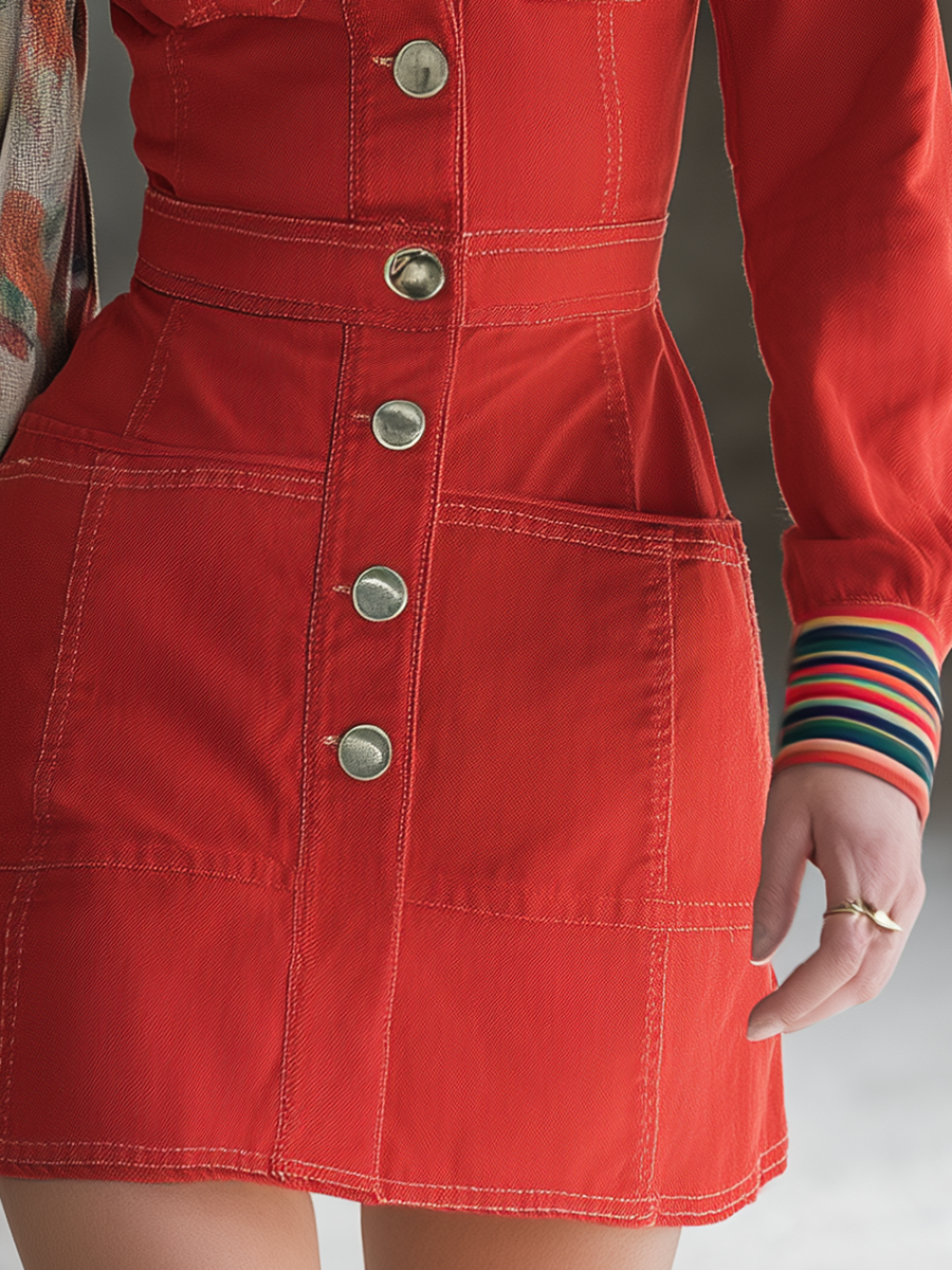 Red Denim Mini Dress Button Front Contrast Collar Jacket Dress