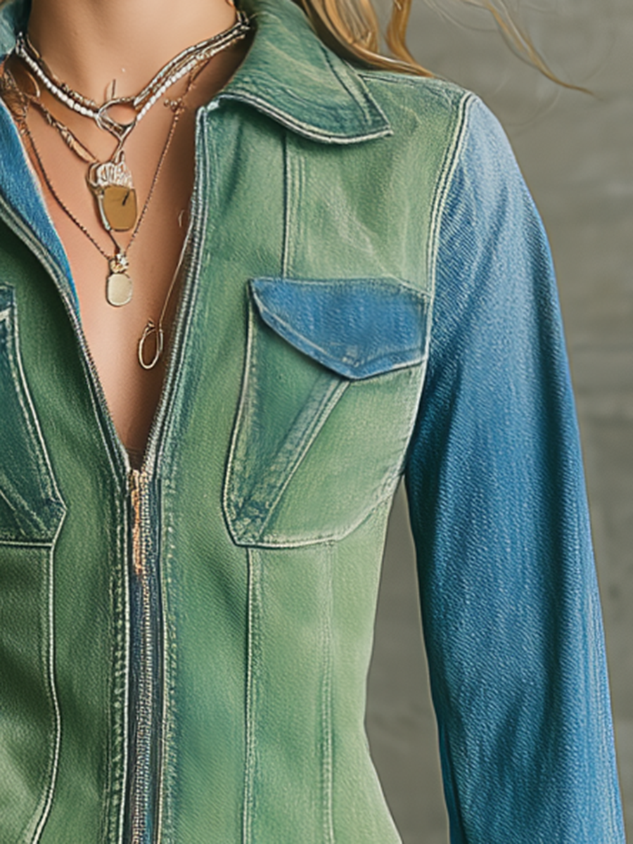 Green Blue Denim Shirt Dress Zip Front Frayed Hem Mini Dress