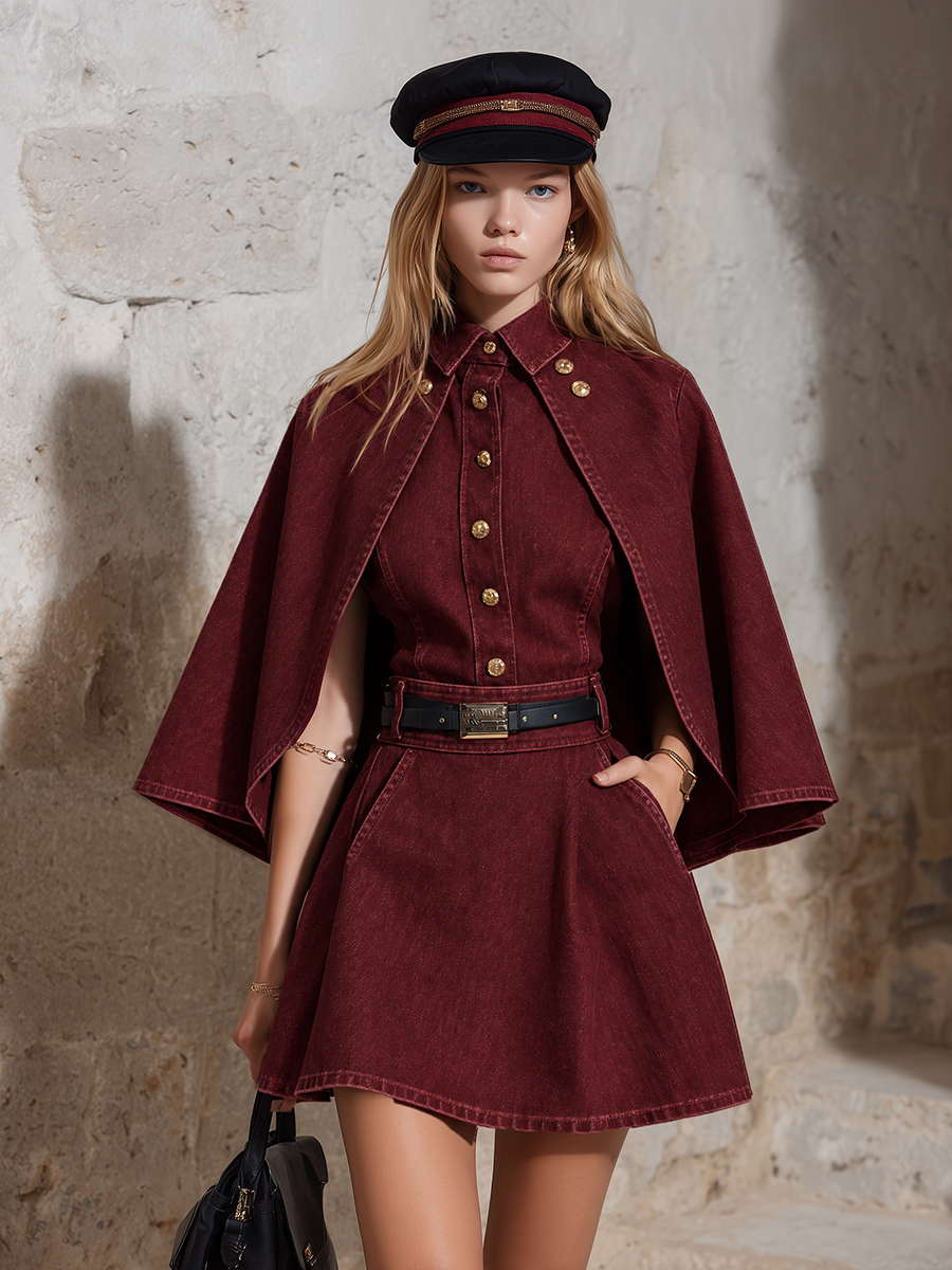 Burgundy Military Cape Coat Belted Double Breasted Mini Dress