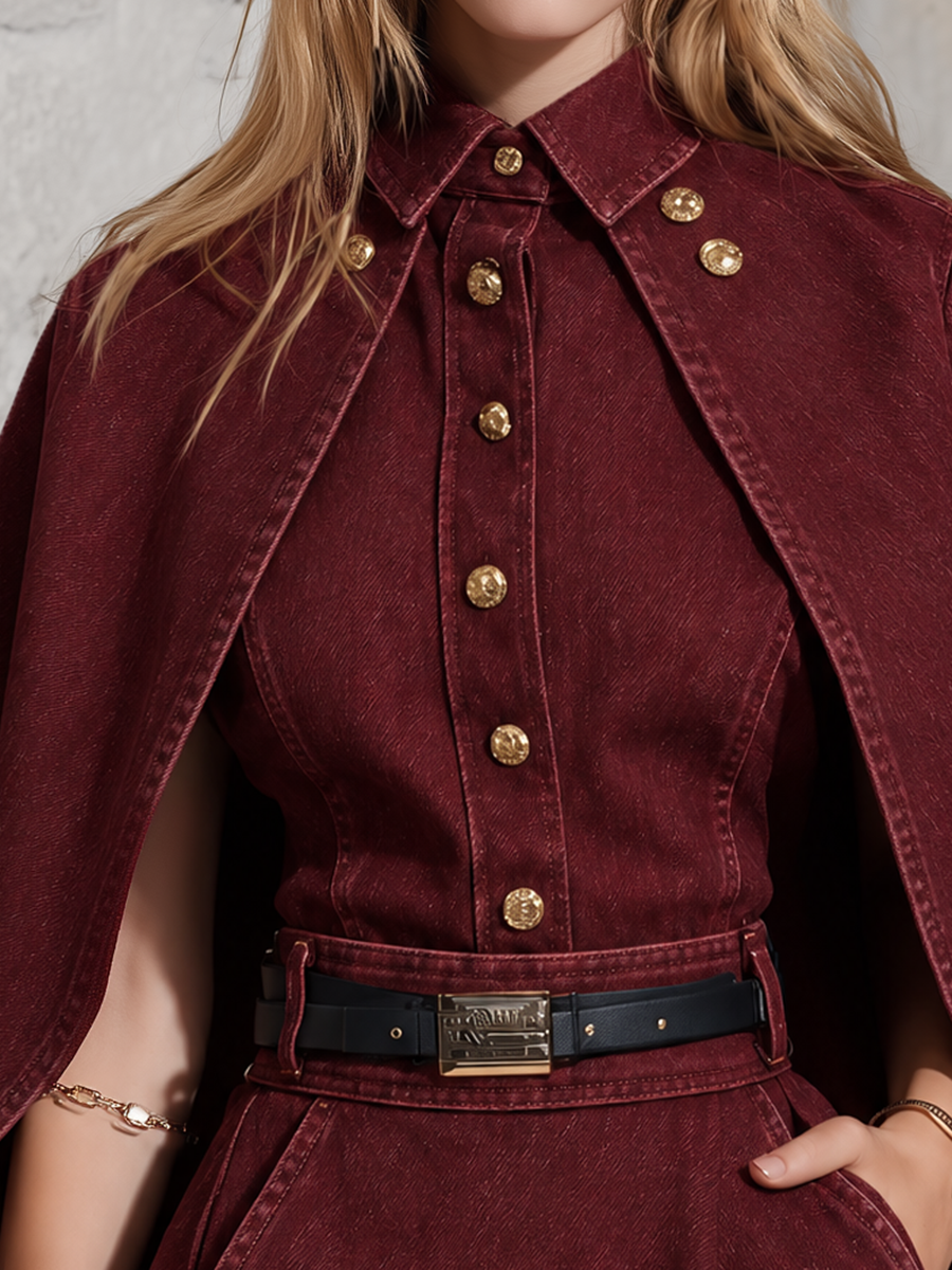 Burgundy Military Cape Coat Belted Double Breasted Mini Dress