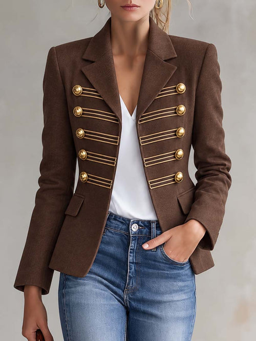 Vintage Military Brown Blazer Jacket Women Gold Button Braid Trim Notch Lapel