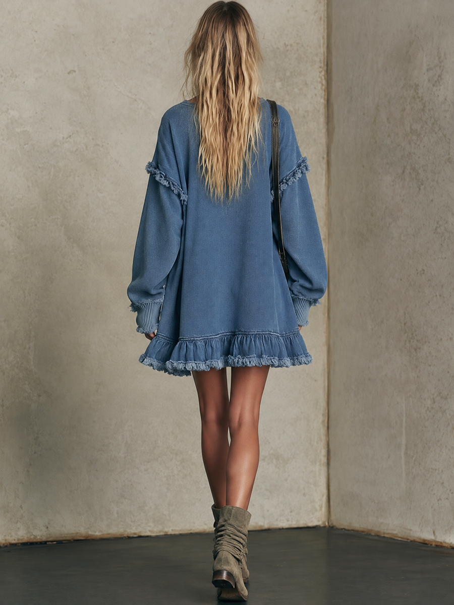 Blue Oversized Denim Hoodie Dress Frayed Ruffle Hem Mini Dress