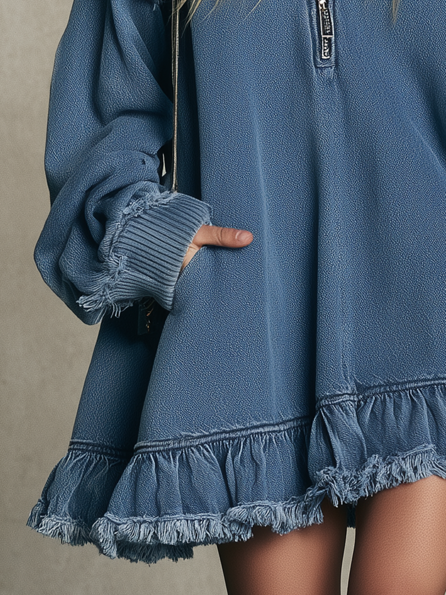 Blue Oversized Denim Hoodie Dress Frayed Ruffle Hem Mini Dress