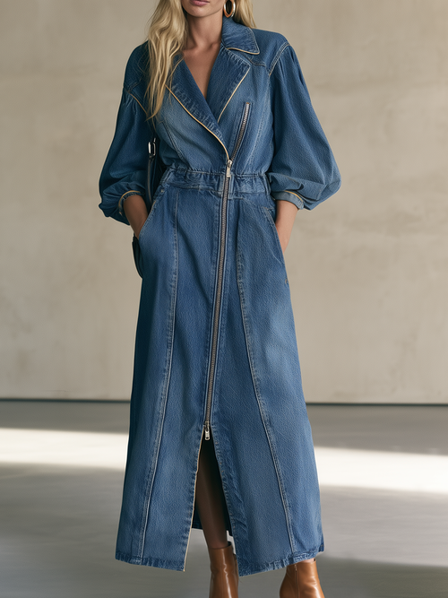 Dark Denim Maxi Coat Dress With Asymmetric Zipper And Balloon Sleeves