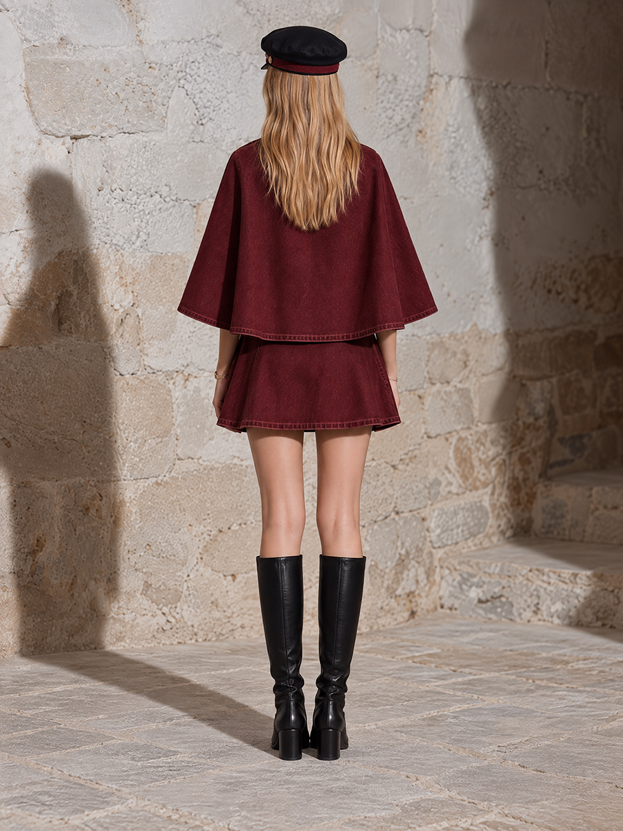 Burgundy Military Cape Coat Belted Double Breasted Mini Dress