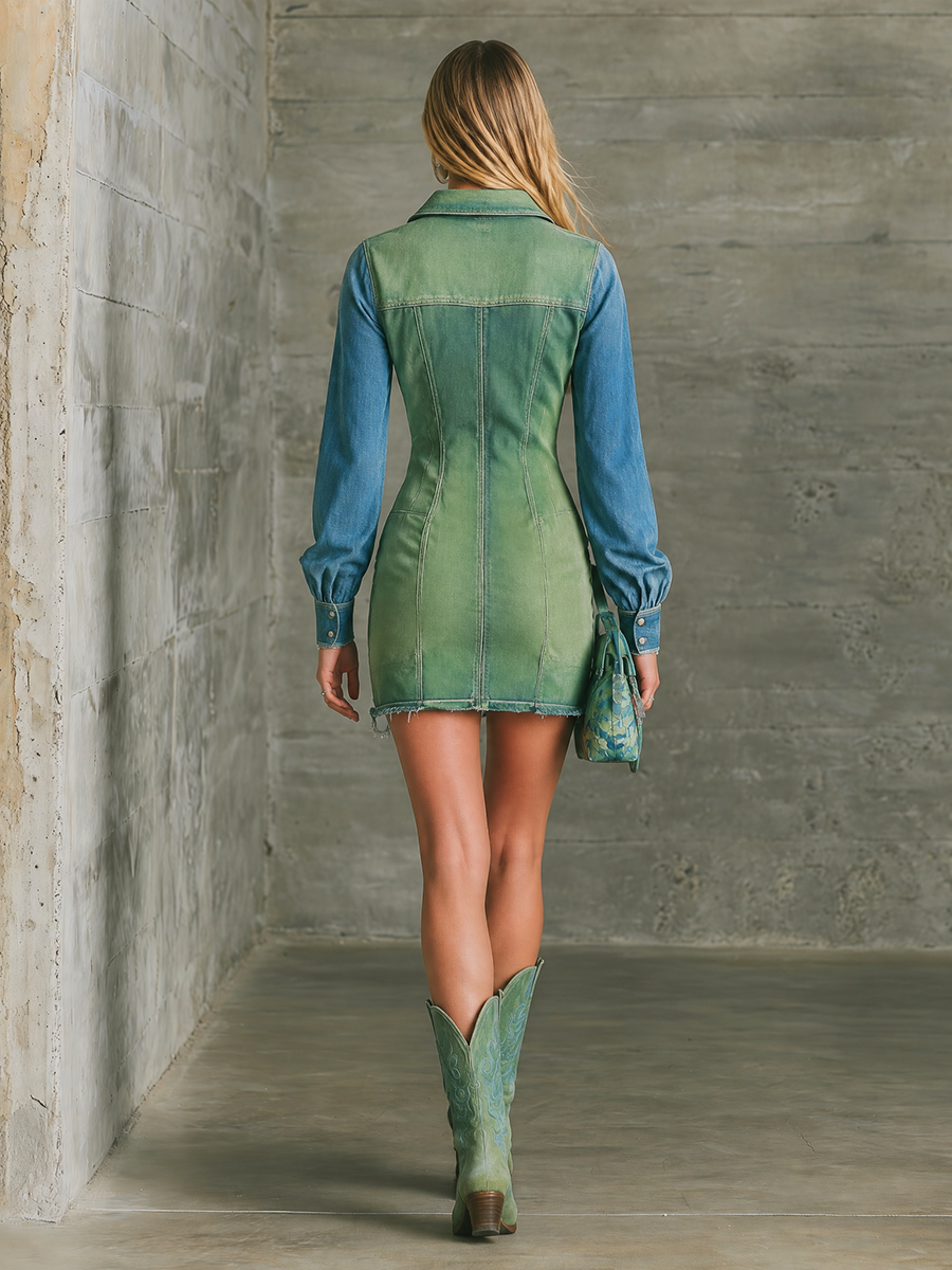 Green Blue Denim Shirt Dress Zip Front Frayed Hem Mini Dress