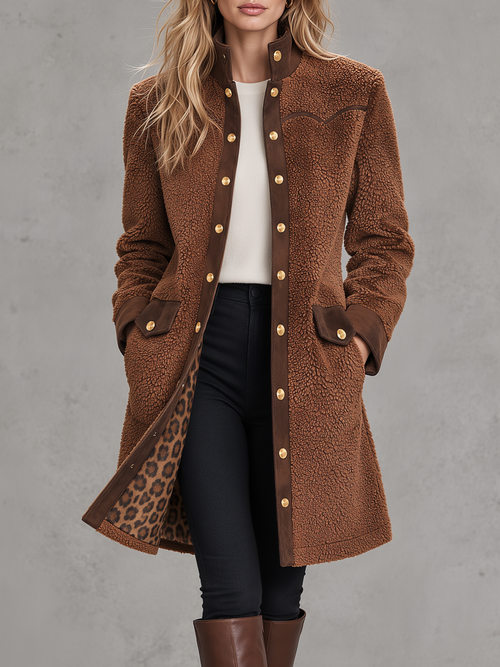 Retro-chic Faux Suede Coat With Fleece Paneling