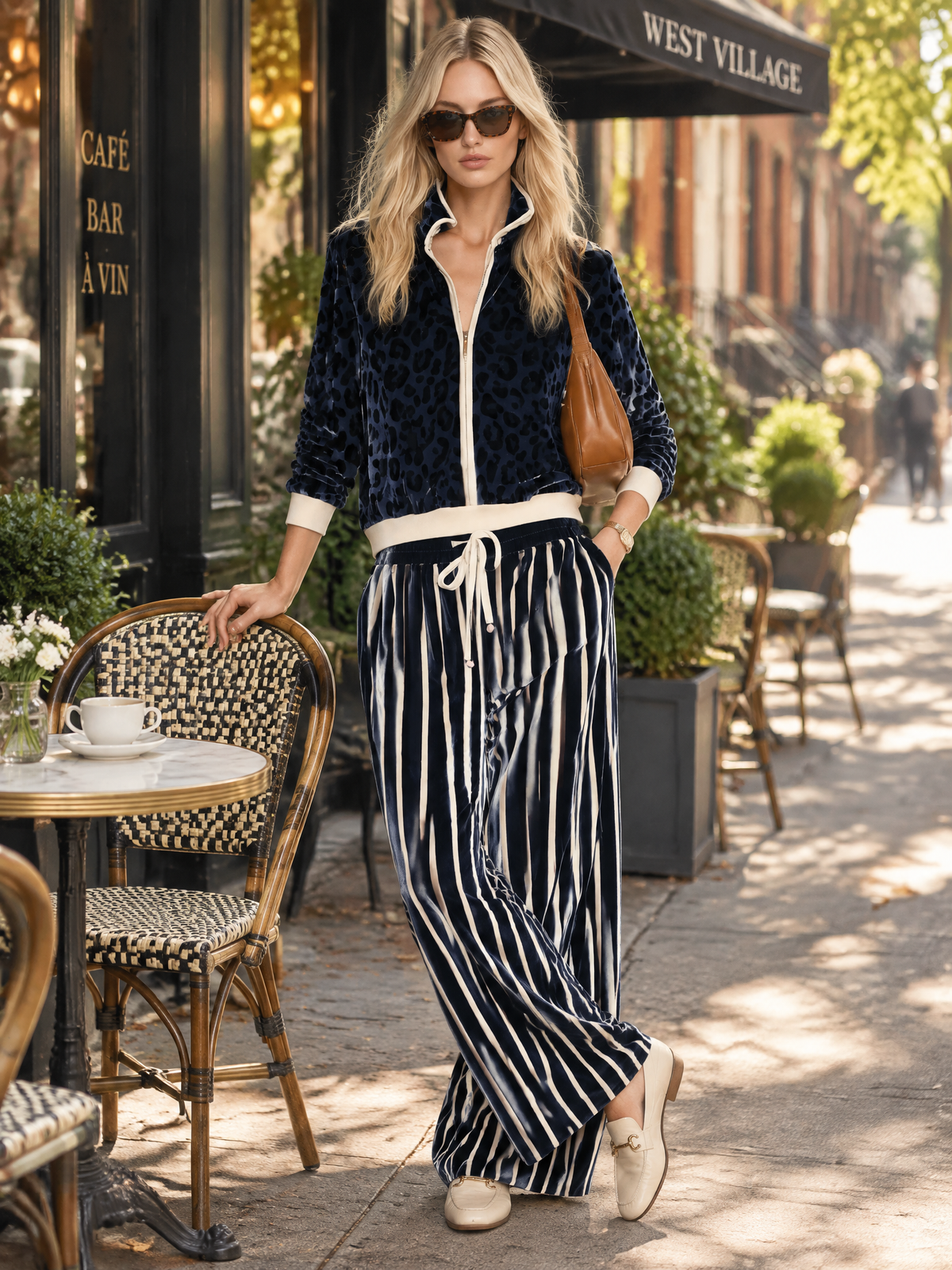 Retro Sporty Women's Navy Leopard Velvet Zip Jacket Striped Wide Leg Pants Set